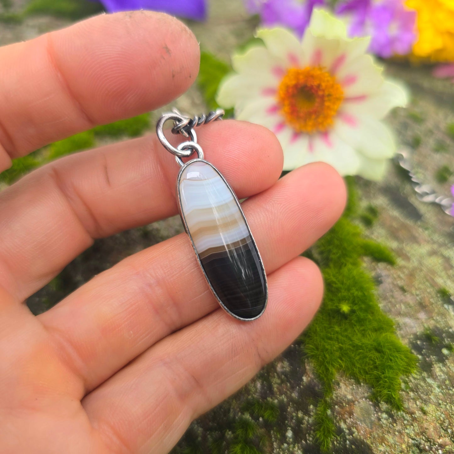 Striped Agate Hand-Forged Sterling Silver Pendant