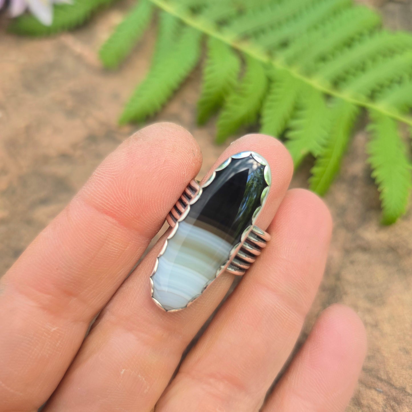 Striped Agate Six Band Hand-Forged Sterling Silver Ring