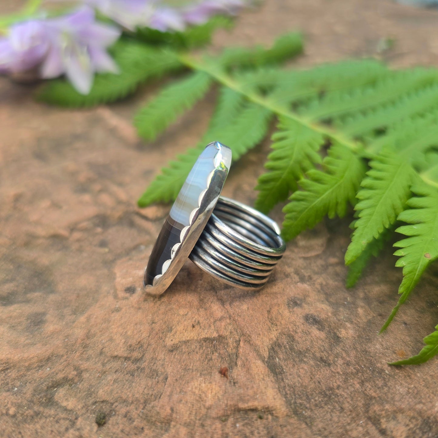 Striped Agate Six Band Hand-Forged Sterling Silver Ring