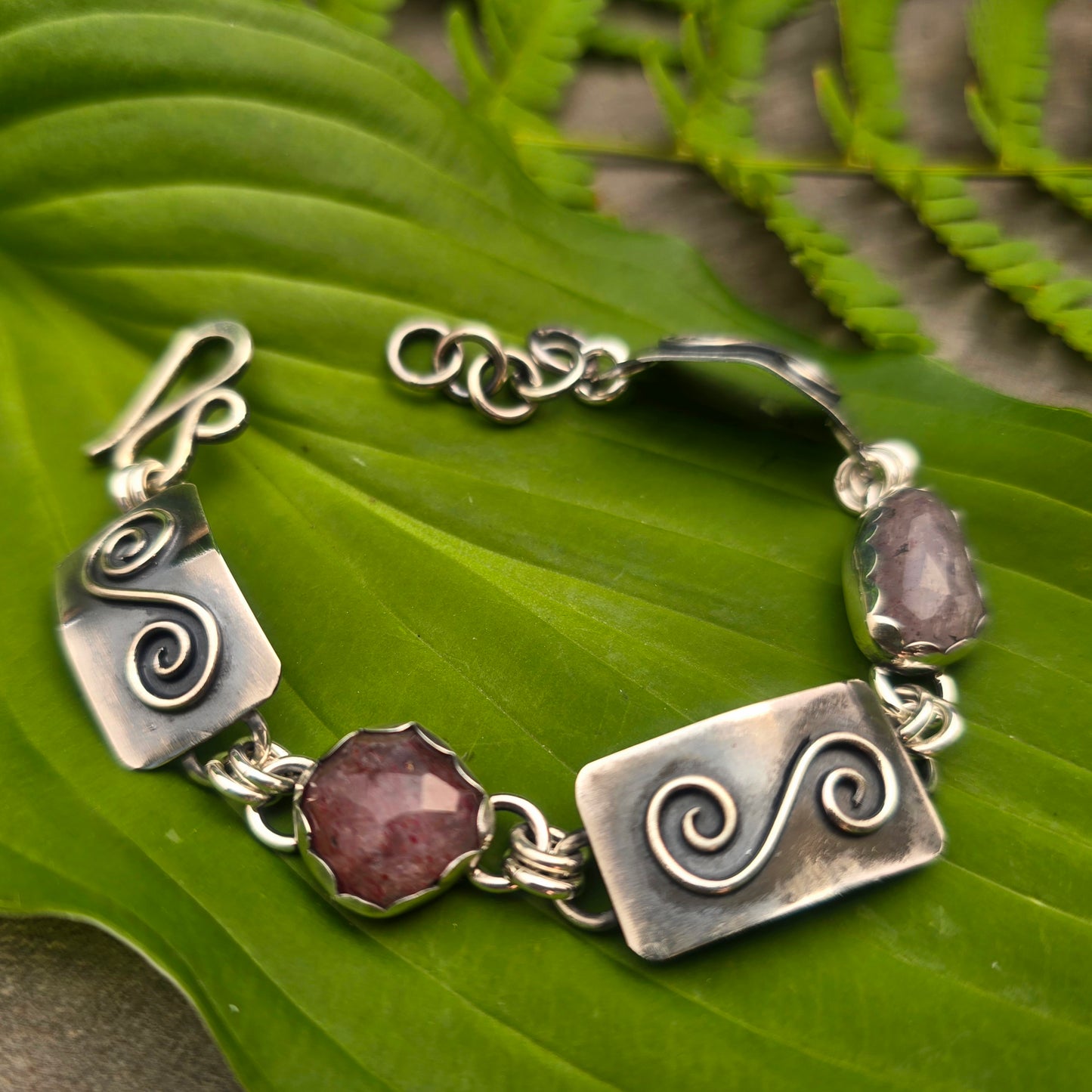 Strawberry Quartz Swirl Sterling Silver Bracelet
