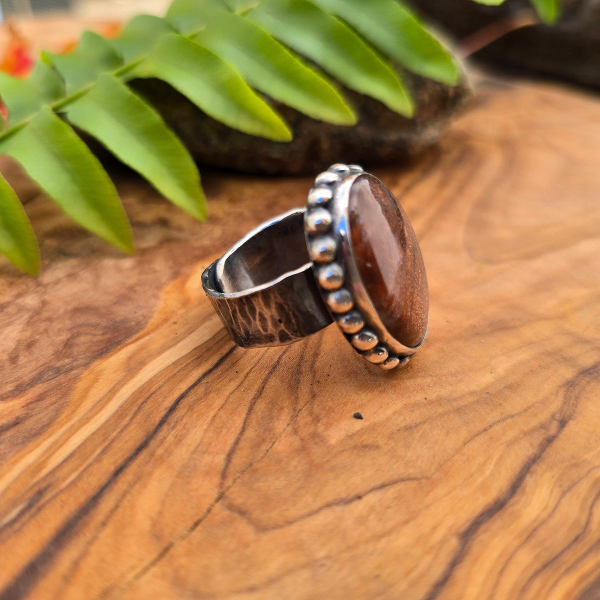 Sunstone Heavy Hammered Adjustable Sterling Silver Ring
