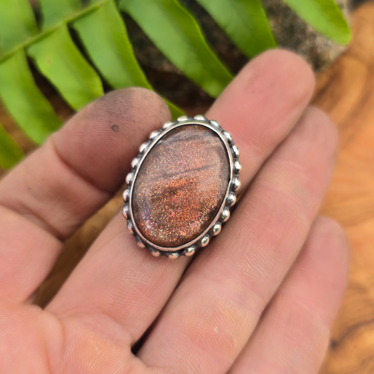 Sunstone Heavy Hammered Adjustable Sterling Silver Ring