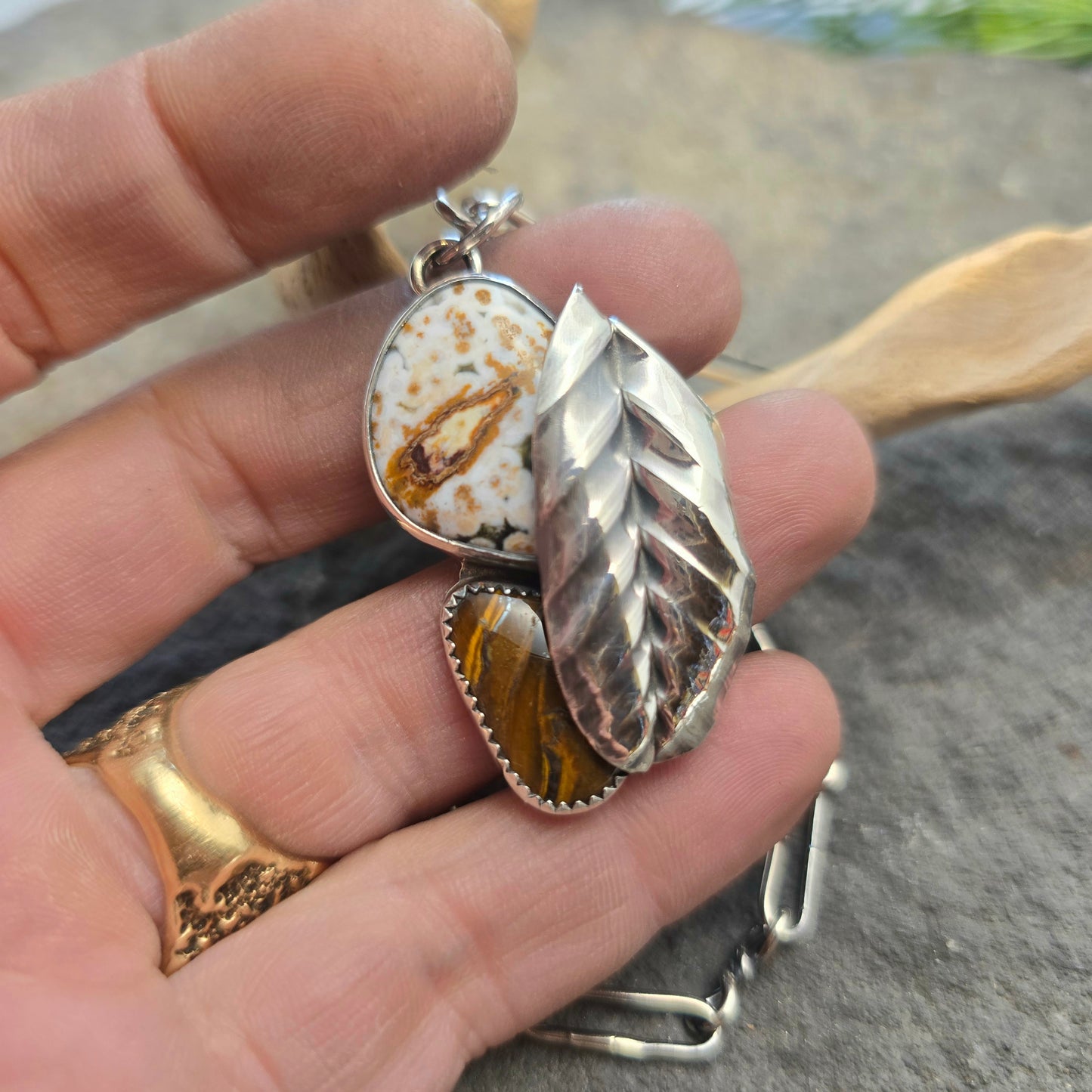 Ocean Jasper & Tiger Iron Leaf Sterling Silver Pendant