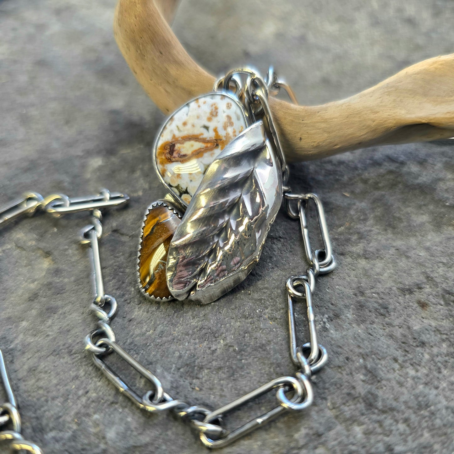 Ocean Jasper & Tiger Iron Leaf Sterling Silver Pendant