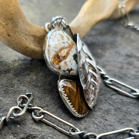 Ocean Jasper & Tiger Iron Leaf Sterling Silver Pendant