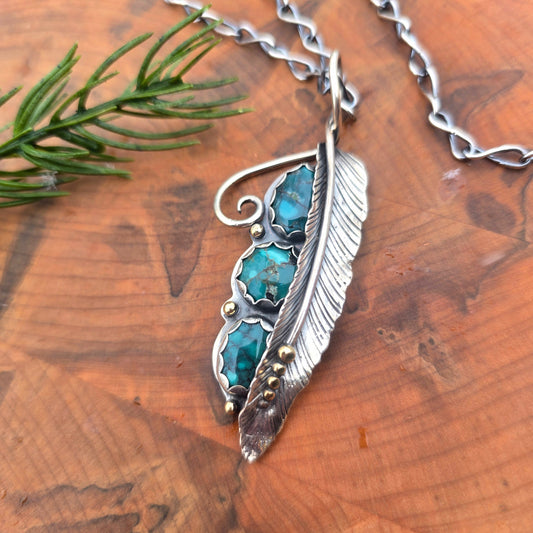 Triple turquoise long feather pendant in sterling silver