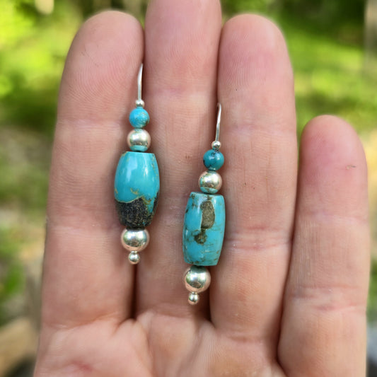 Statement Turquoise Barrel Hand-Forged Sterling Silver Threader Earrings