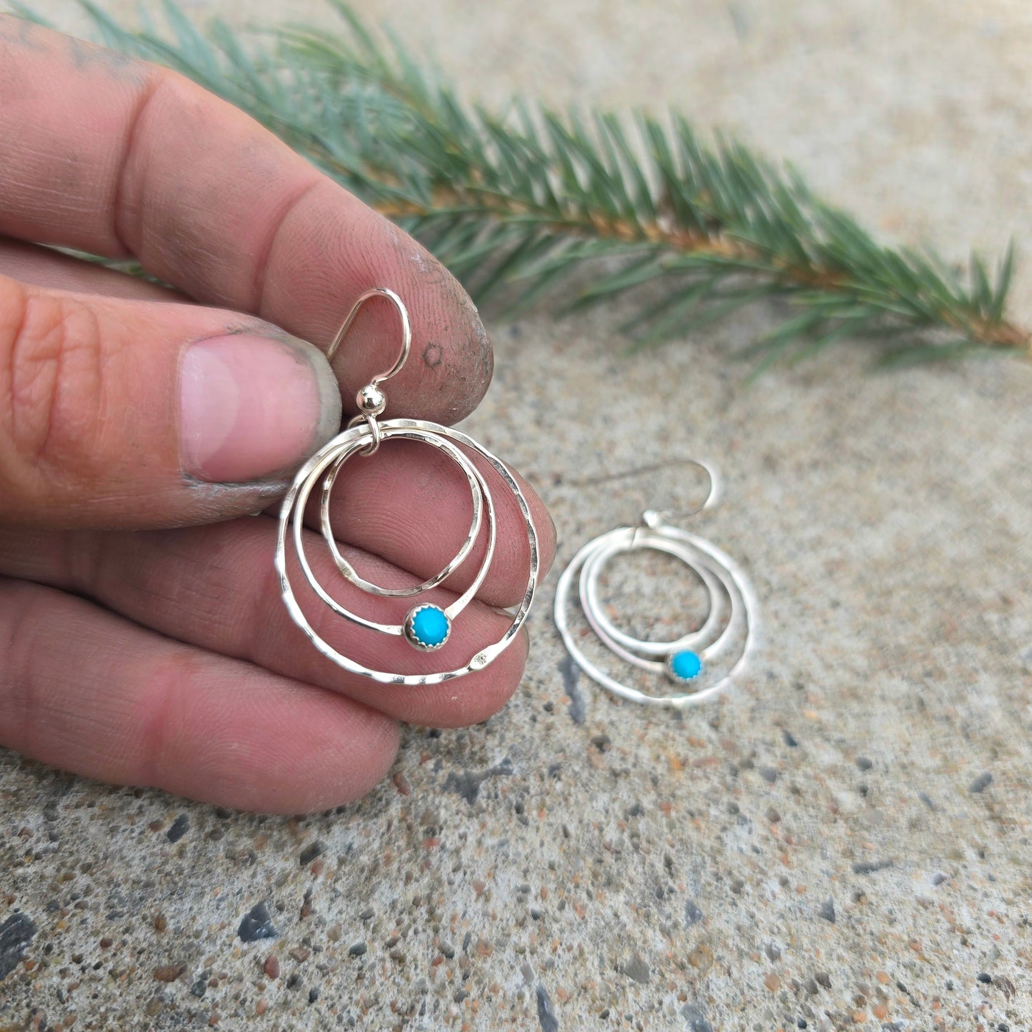 Triple Wavy Turquoise Hoop Earrings in Hand-Forged Sterling Silver
