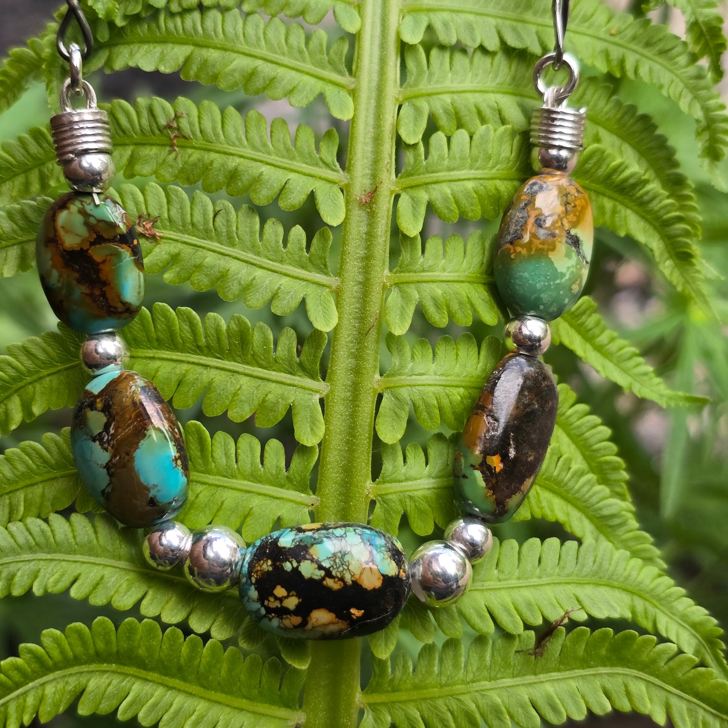 Genuine Rough Turquoise Beaded Necklace with Hand-Forged Sterling Silver Chain