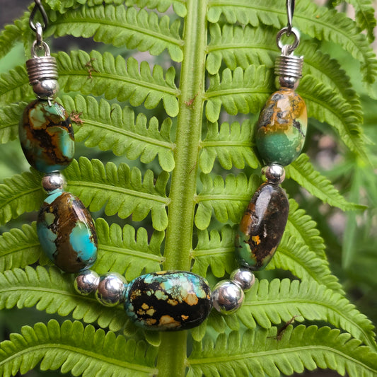 Genuine Rough Turquoise Beaded Necklace with Hand-Forged Sterling Silver Chain
