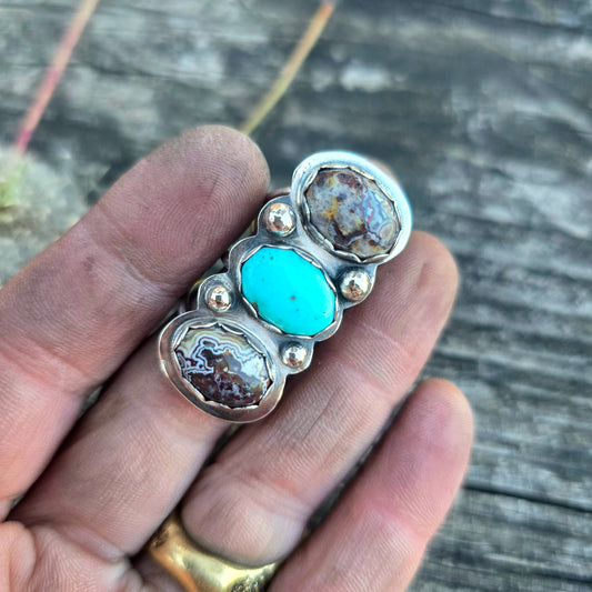 Turquoise & Crazy Lace Triple Stone Sterling Silver Statement Ring
