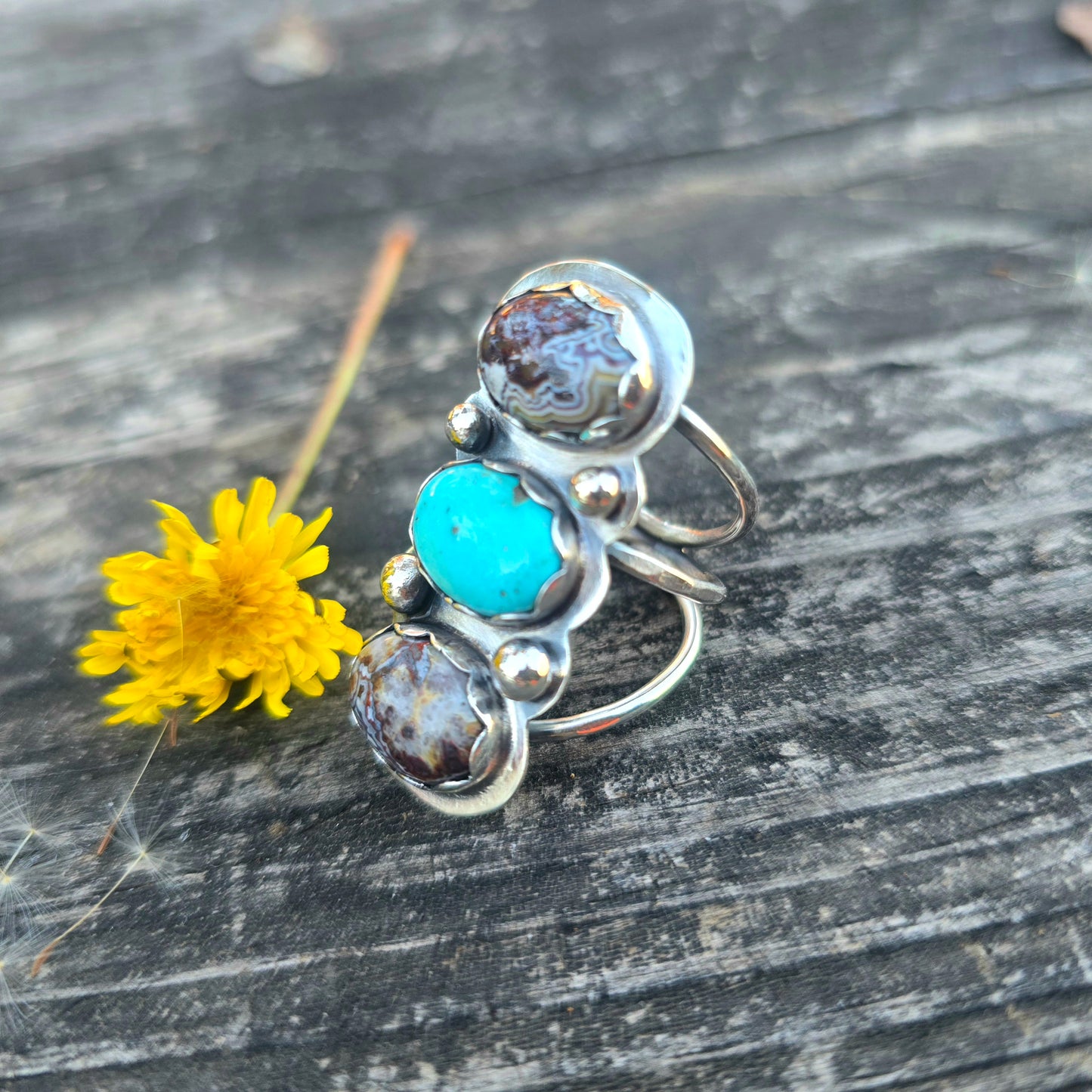 Turquoise & Crazy Lace Triple Stone Sterling Silver Statement Ring