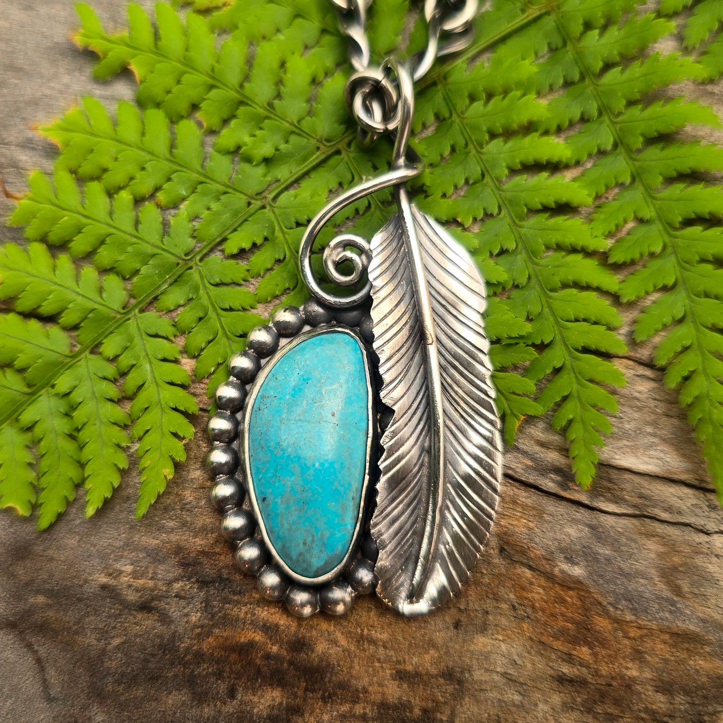 Turquoise & Feather Hand-Forged Sterling Silver Pendant
