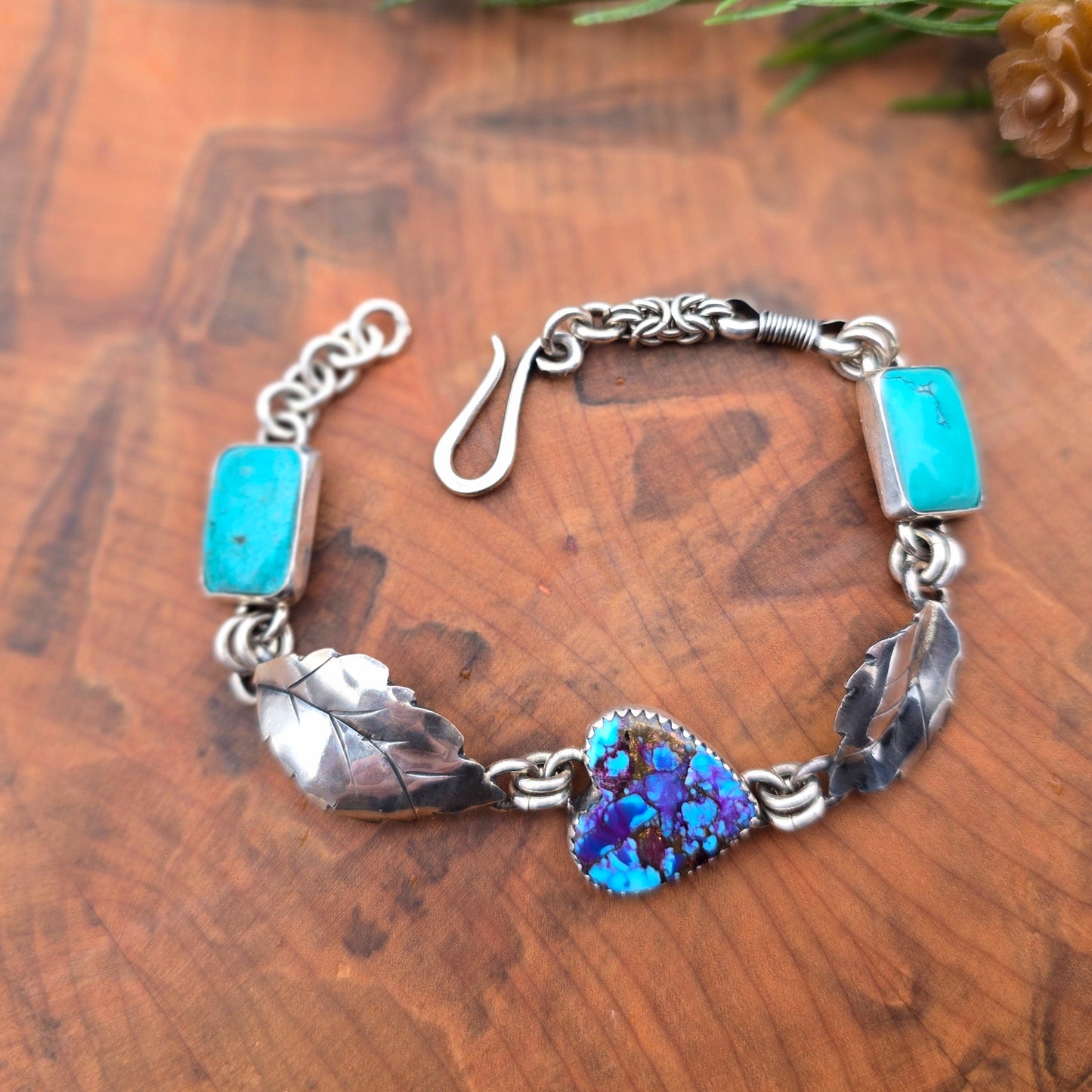 Aspen leaf bracelet with turquoise and Mohave turquoise