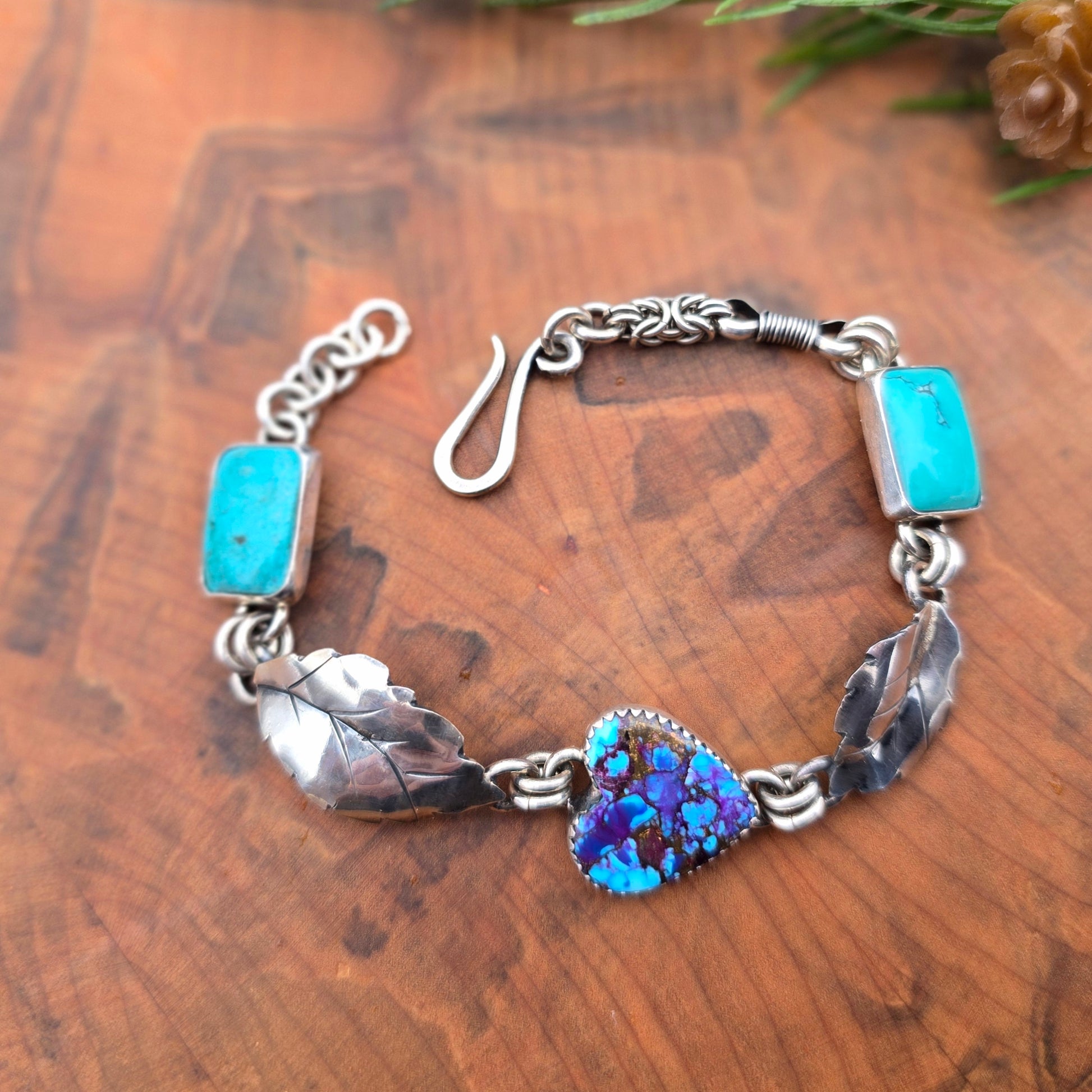 Aspen leaf bracelet with turquoise and Mohave turquoise