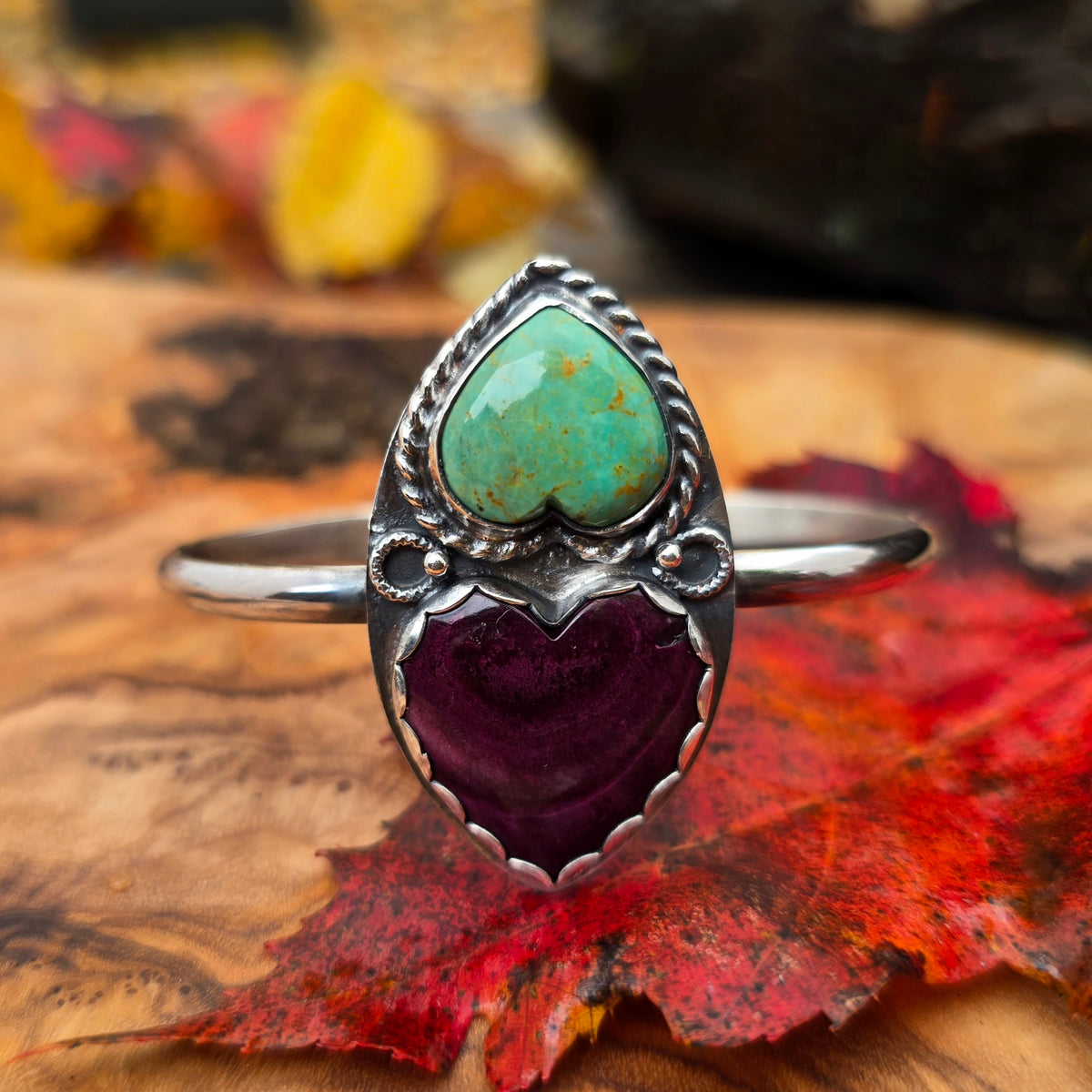Turquoise & Purple Spiny Oyster Double Heart Sterling Silver Cuff