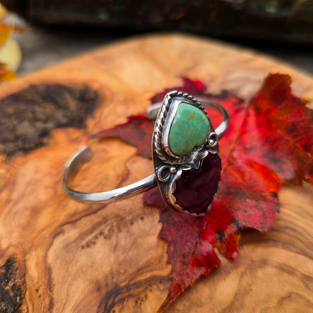 Turquoise & Purple Spiny Oyster Double Heart Sterling Silver Cuff