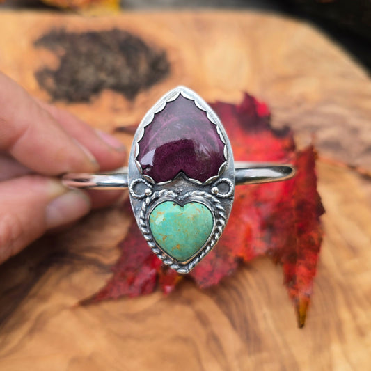 Turquoise & Purple Spiny Oyster Double Heart Sterling Silver Cuff