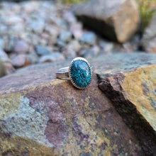 Load image into Gallery viewer, close-up of turquoise stone set in minimal sterling silver bezel ring
