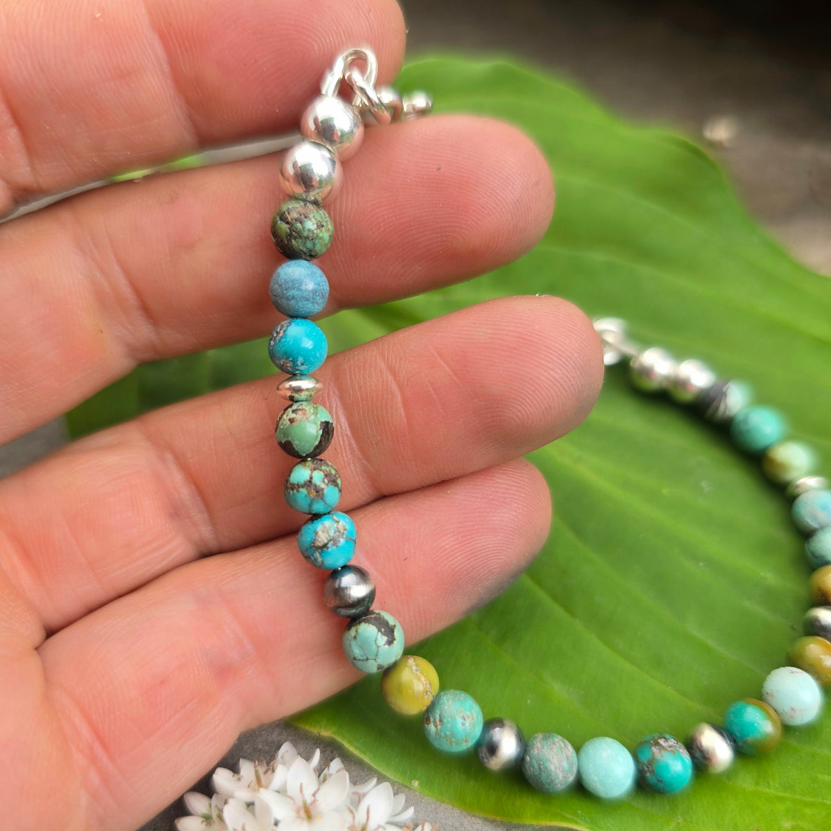 Turquoise & Oxidized Sterling Silver Beaded Bracelet