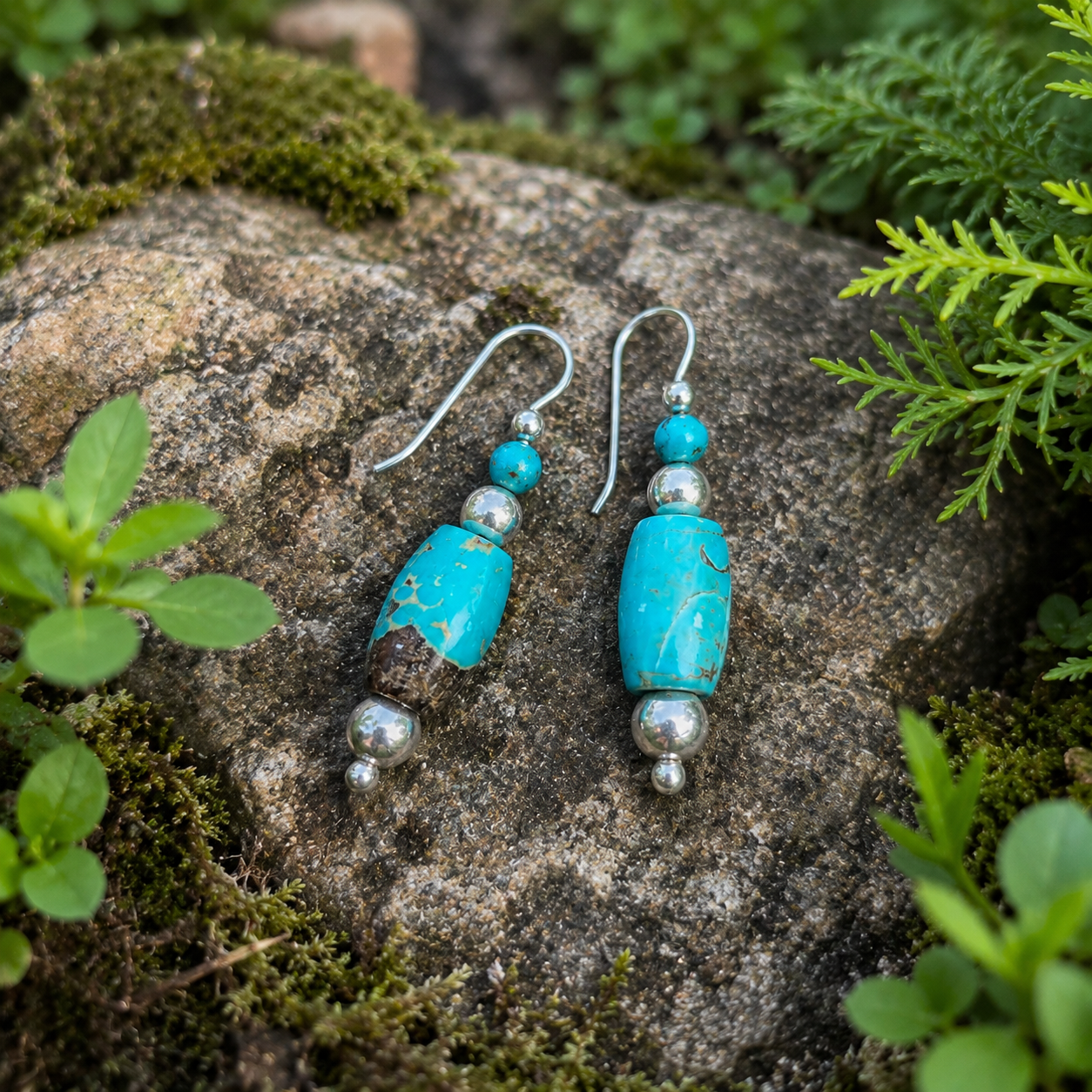Turquoise Beaded Hand-Forged Sterling Silver Threader Earrings