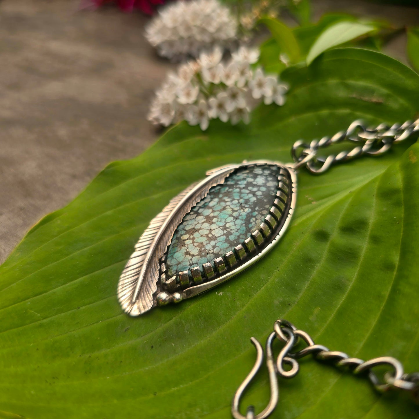 Turquoise Double Feather Sterling Silver Statement Pendant