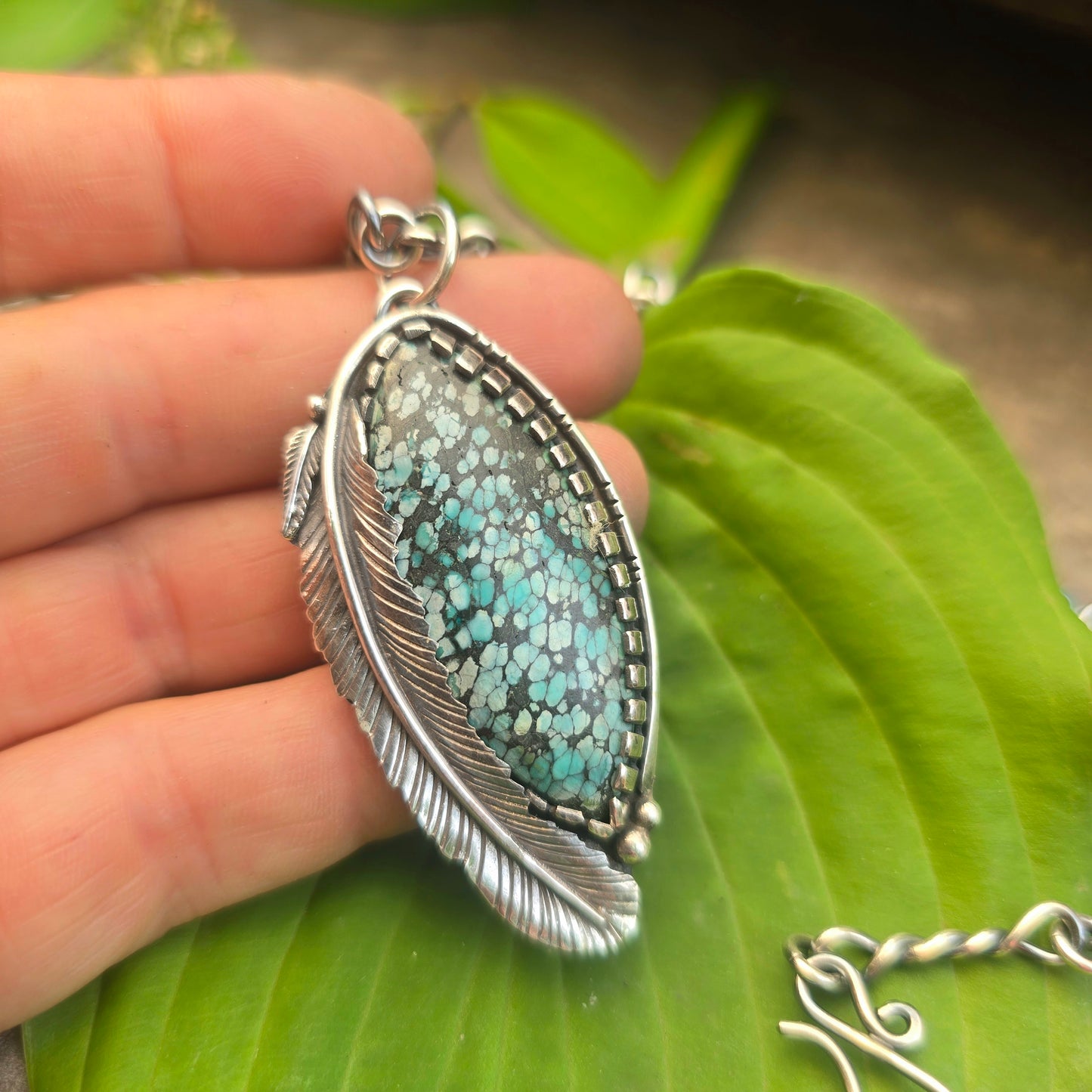 Turquoise Double Feather Sterling Silver Statement Pendant