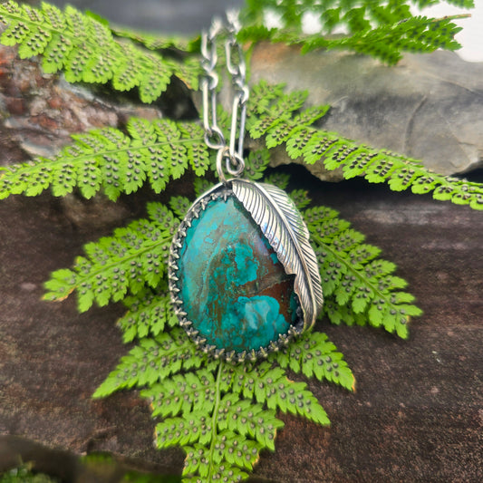 Turquoise Feather Sterling Silver Statement Pendant