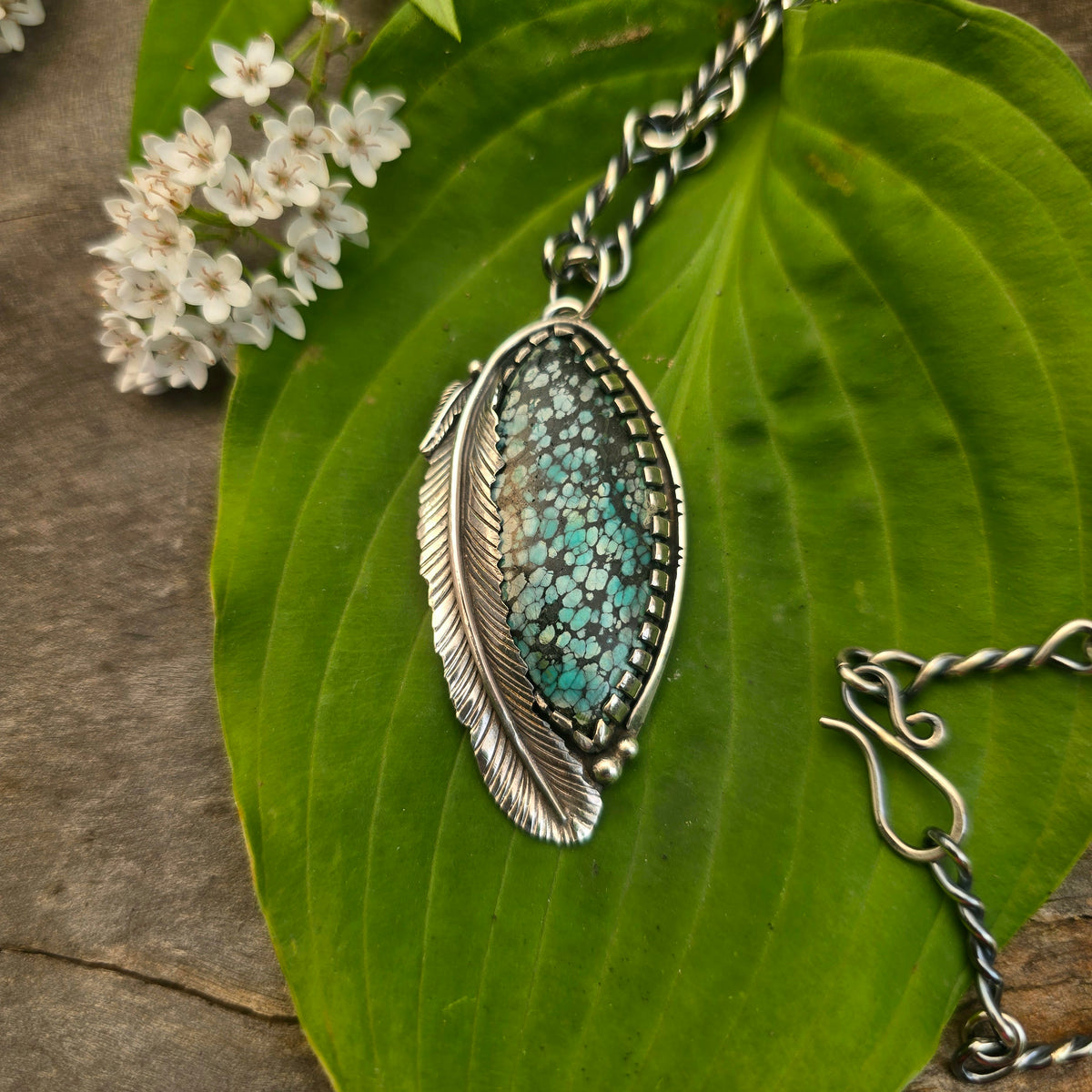 Turquoise Double Feather Sterling Silver Statement Pendant