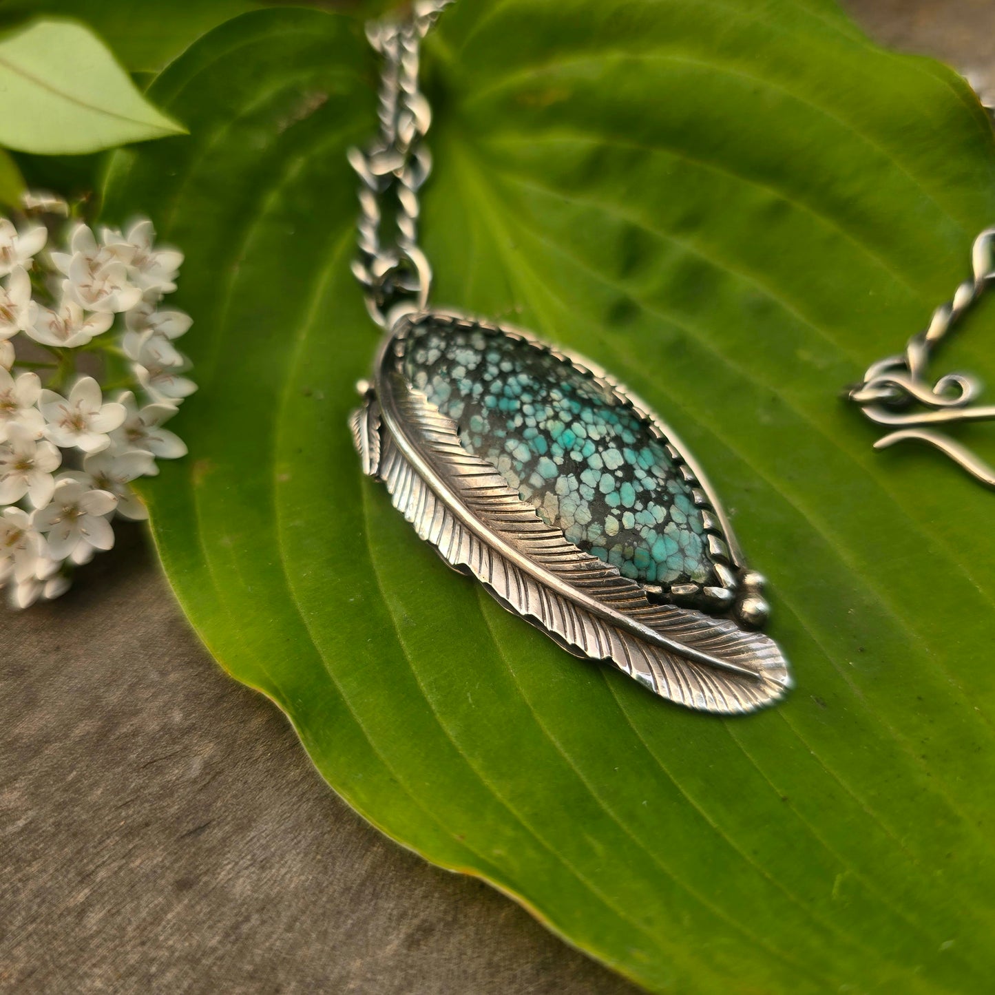 Turquoise Double Feather Sterling Silver Statement Pendant