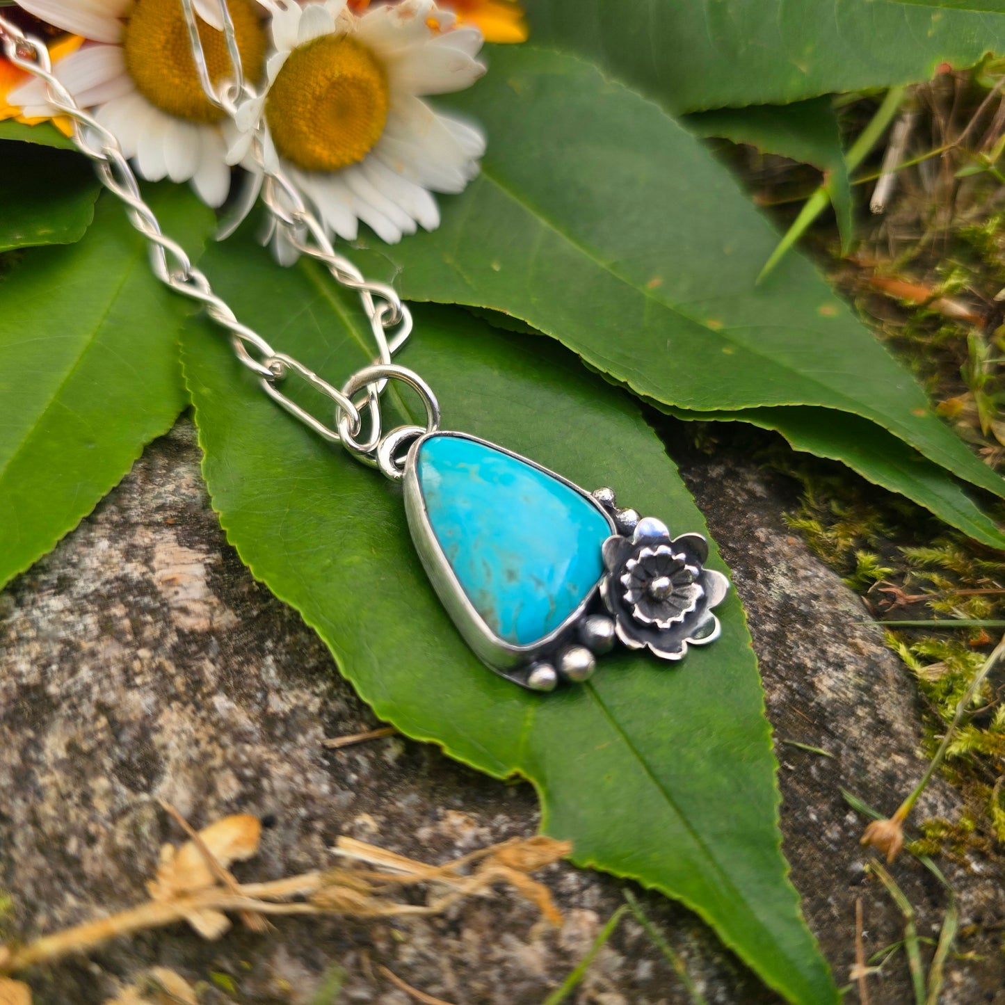 Turquoise & Flower Hand-Forged Sterling Silver Pendant
