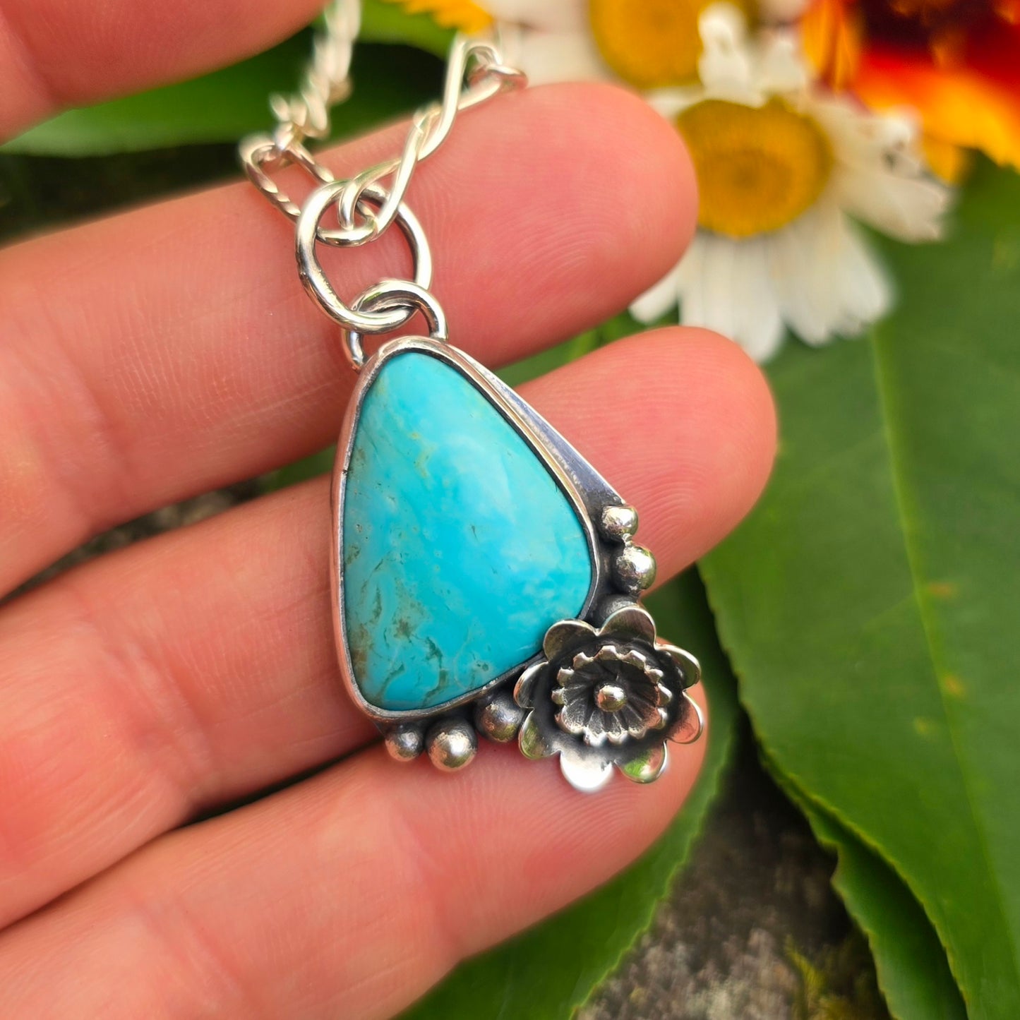 Turquoise & Flower Hand-Forged Sterling Silver Pendant