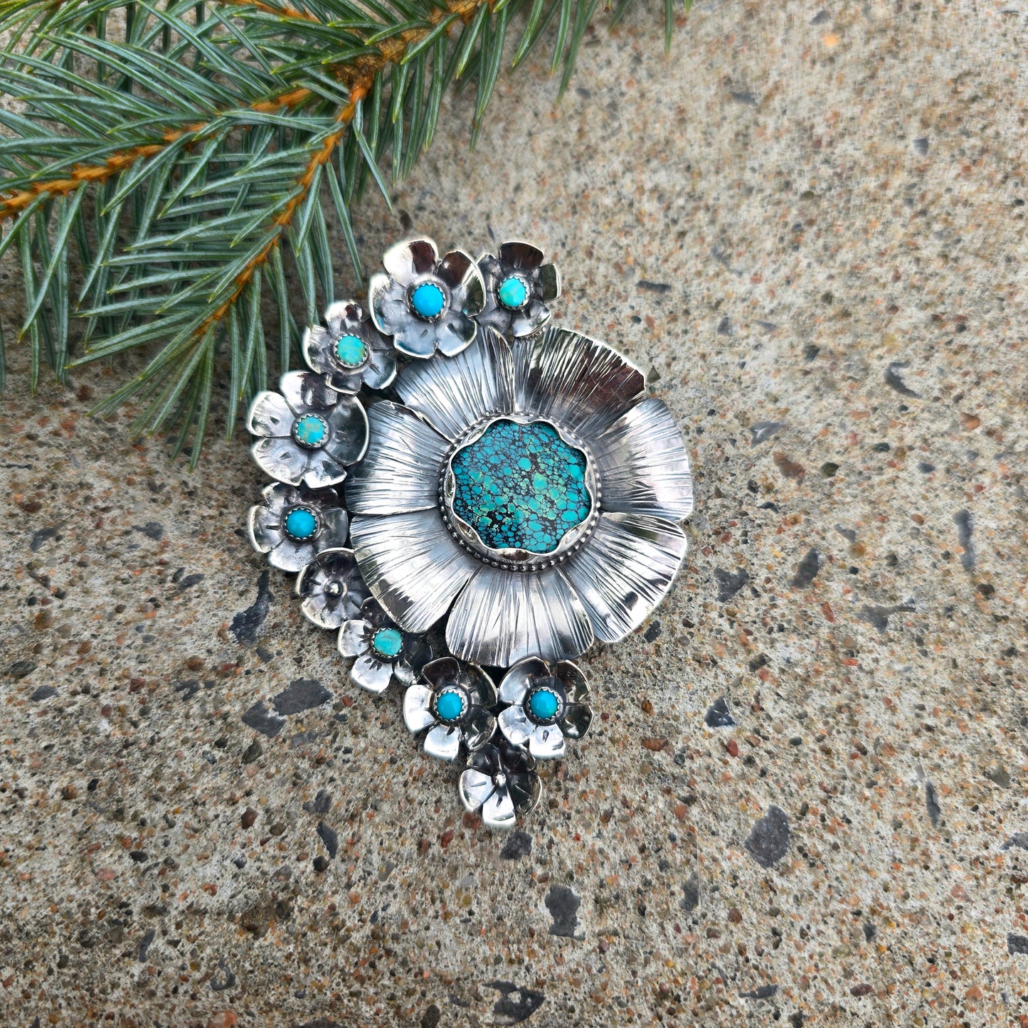 One-of-a-Kind Turquoise Flower Statement Pendant in Sterling Silver | Collector Works