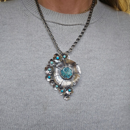 One-of-a-Kind Turquoise Flower Statement Pendant in Sterling Silver | Collector Works