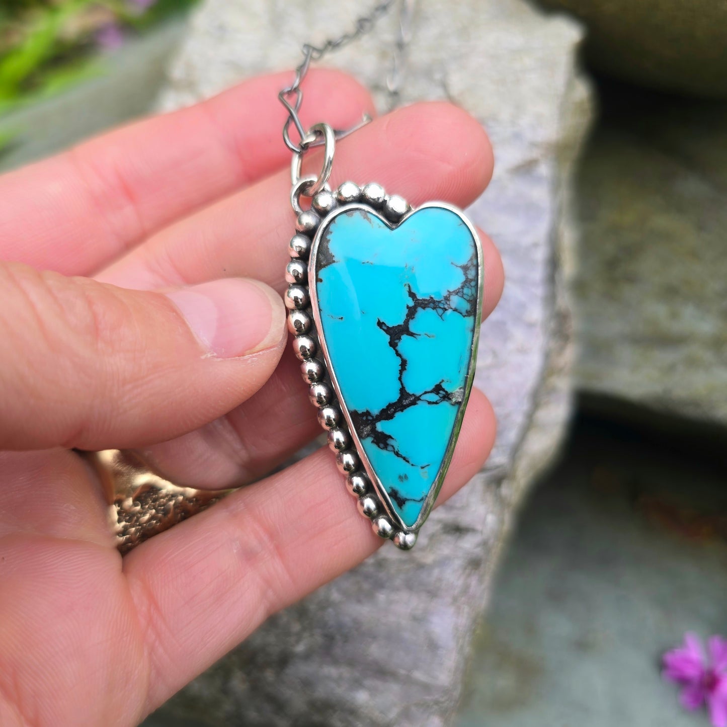 Hand-Forged Turquoise Heart Sterling Silver Pendant with Beaded Detail