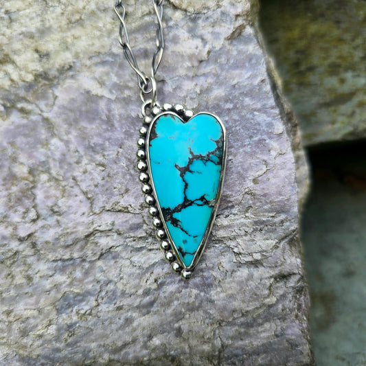 Hand-Forged Turquoise Heart Sterling Silver Pendant with Beaded Detail