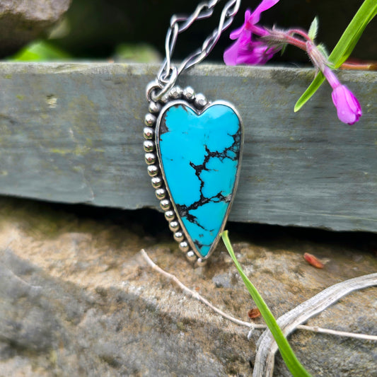 Hand-Forged Turquoise Heart Sterling Silver Pendant with Beaded Detail