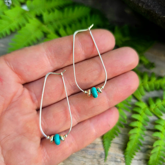 Elongated Hoop Hand-Forged Sterling Silver Turquoise Earrings
