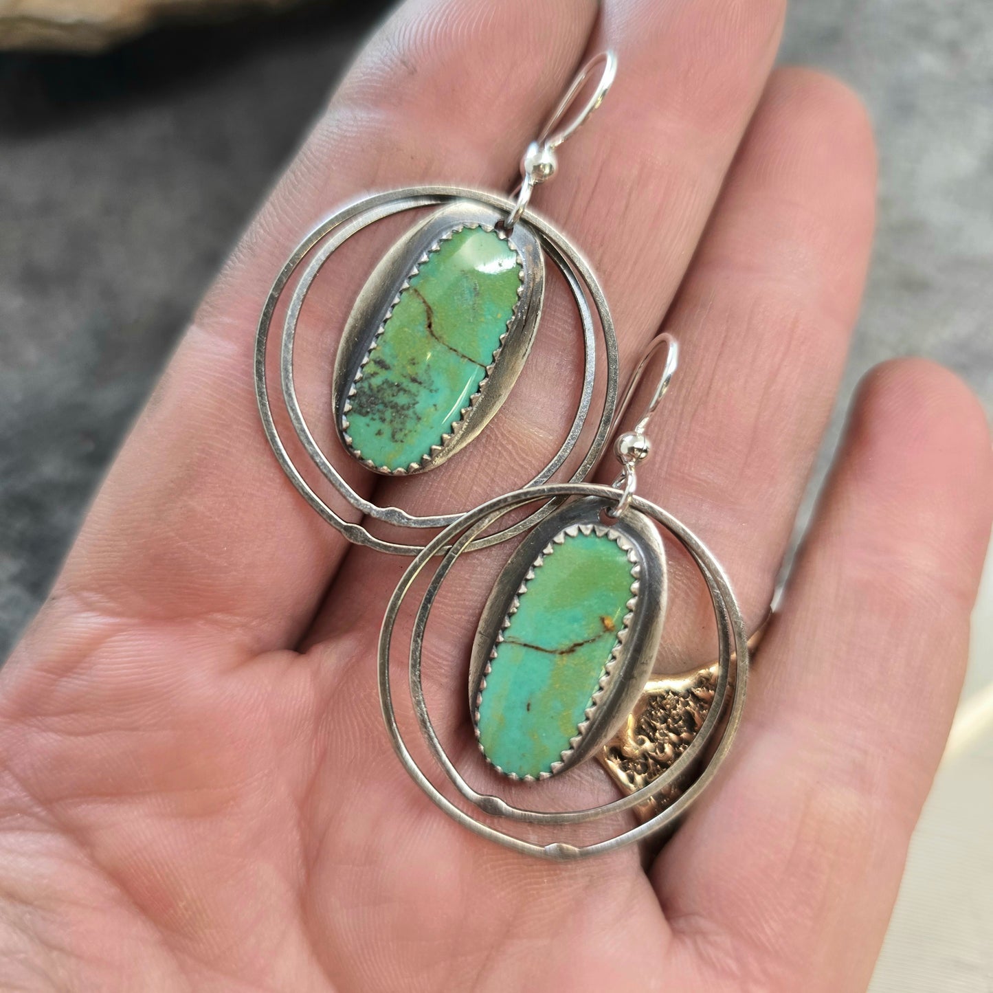 Hand-Forged Turquoise Swinging Hoop Sterling Silver Earrings
