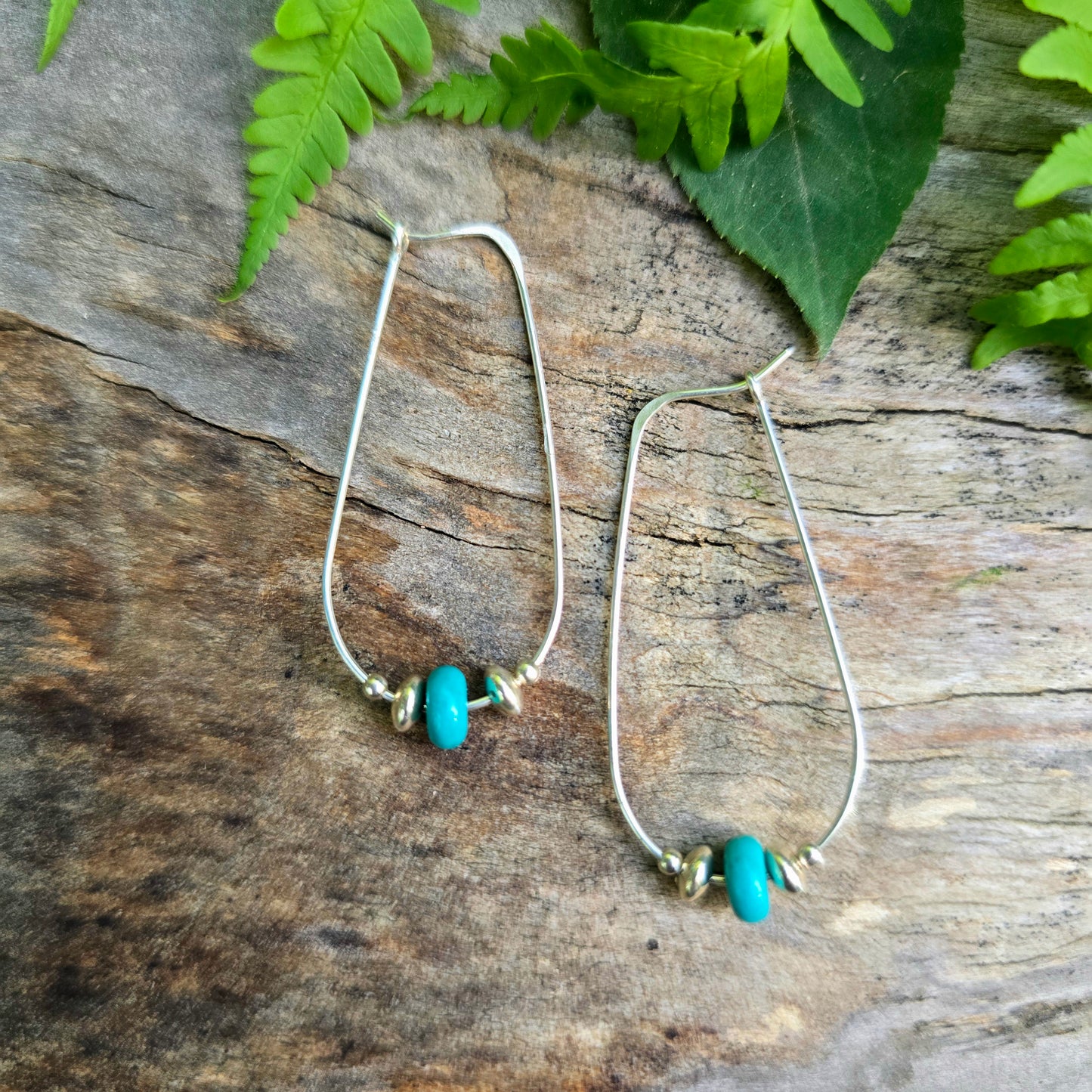 Elongated Hoop Hand-Forged Sterling Silver Turquoise Earrings