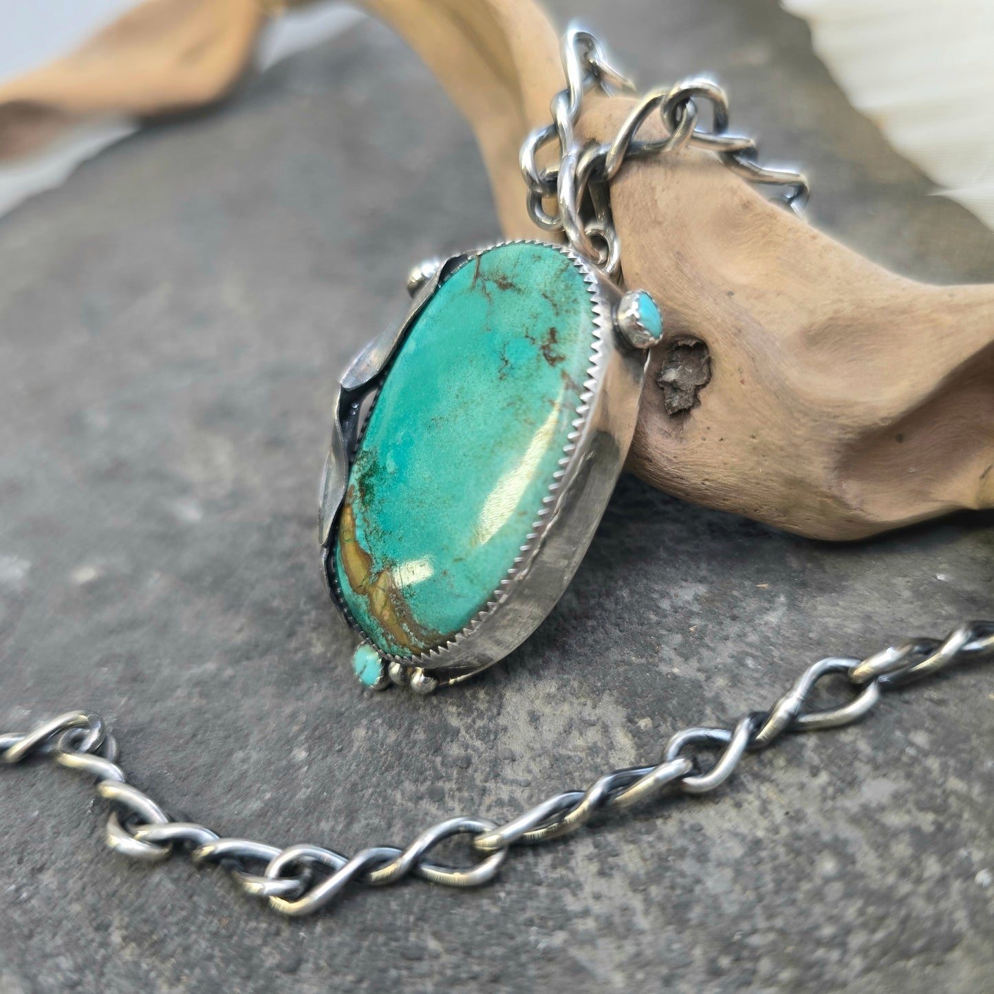 Hand-Forged Turquoise Leaf Sterling Silver Pendant