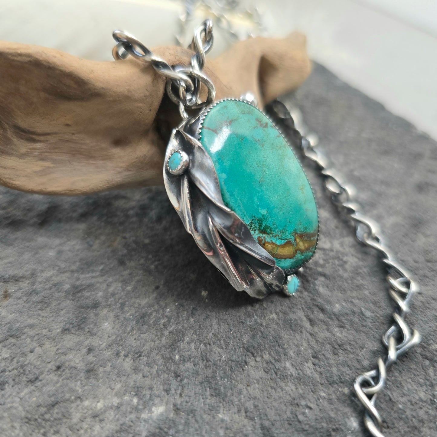 Hand-Forged Turquoise Leaf Sterling Silver Pendant