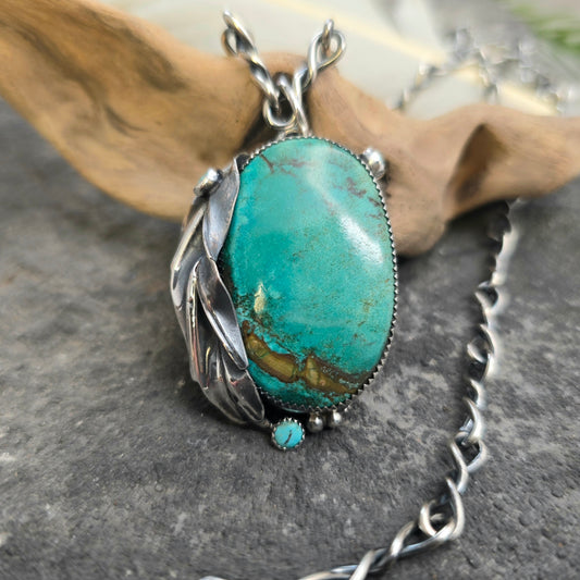 Hand-Forged Turquoise Leaf Sterling Silver Pendant