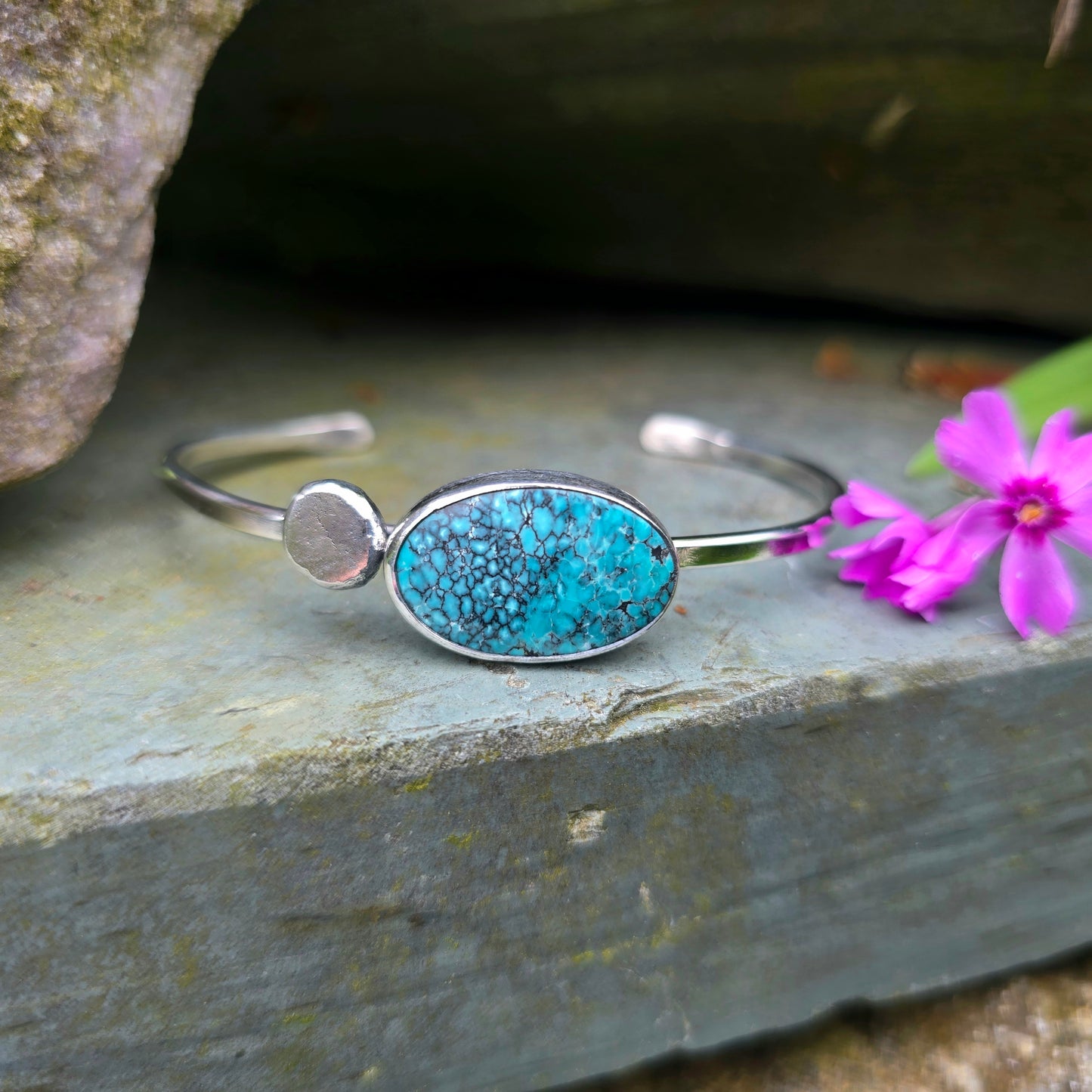 Turquoise River Rock Hand-Forged Sterling Silver Cuff Bracelet