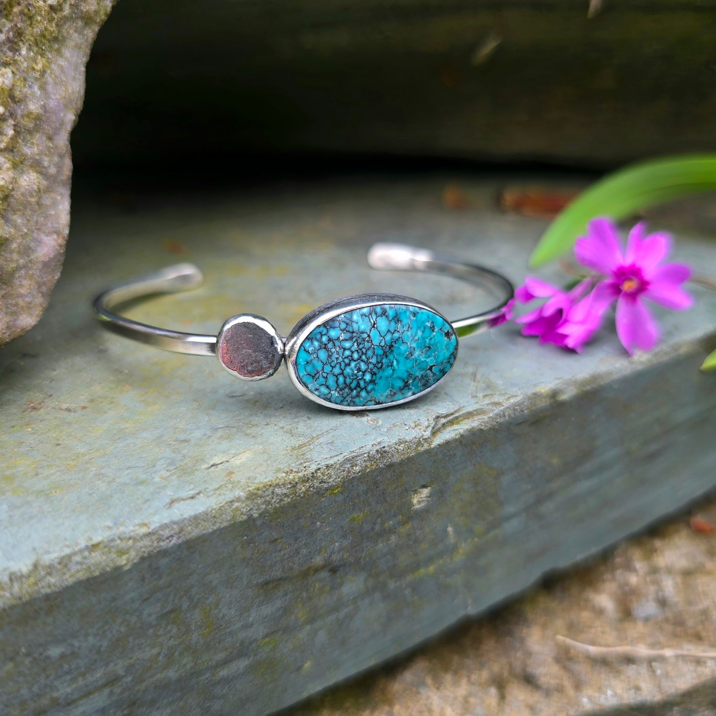 Turquoise River Rock Hand-Forged Sterling Silver Cuff Bracelet