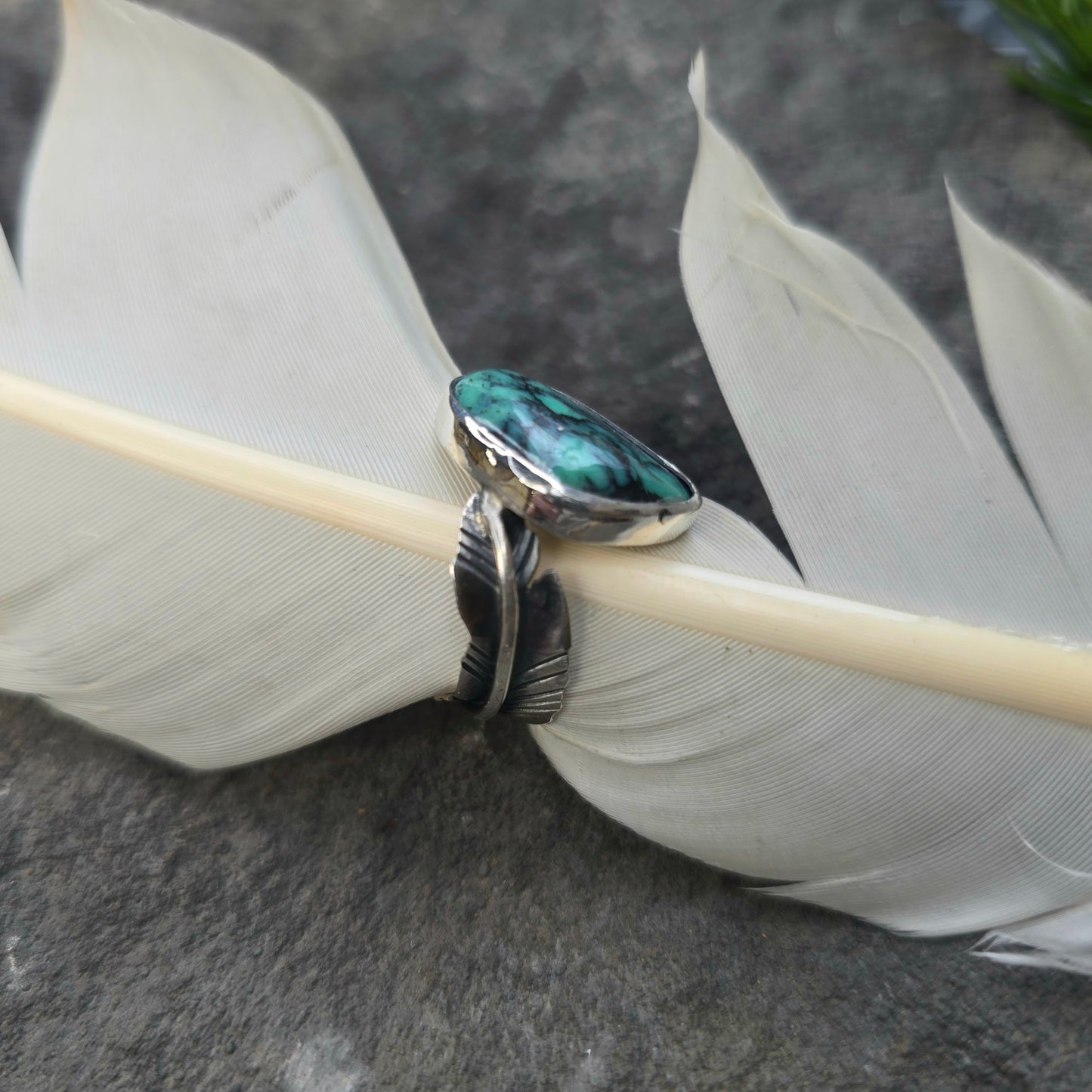 Hand-Forged Variscite Feather Sterling Silver Ring