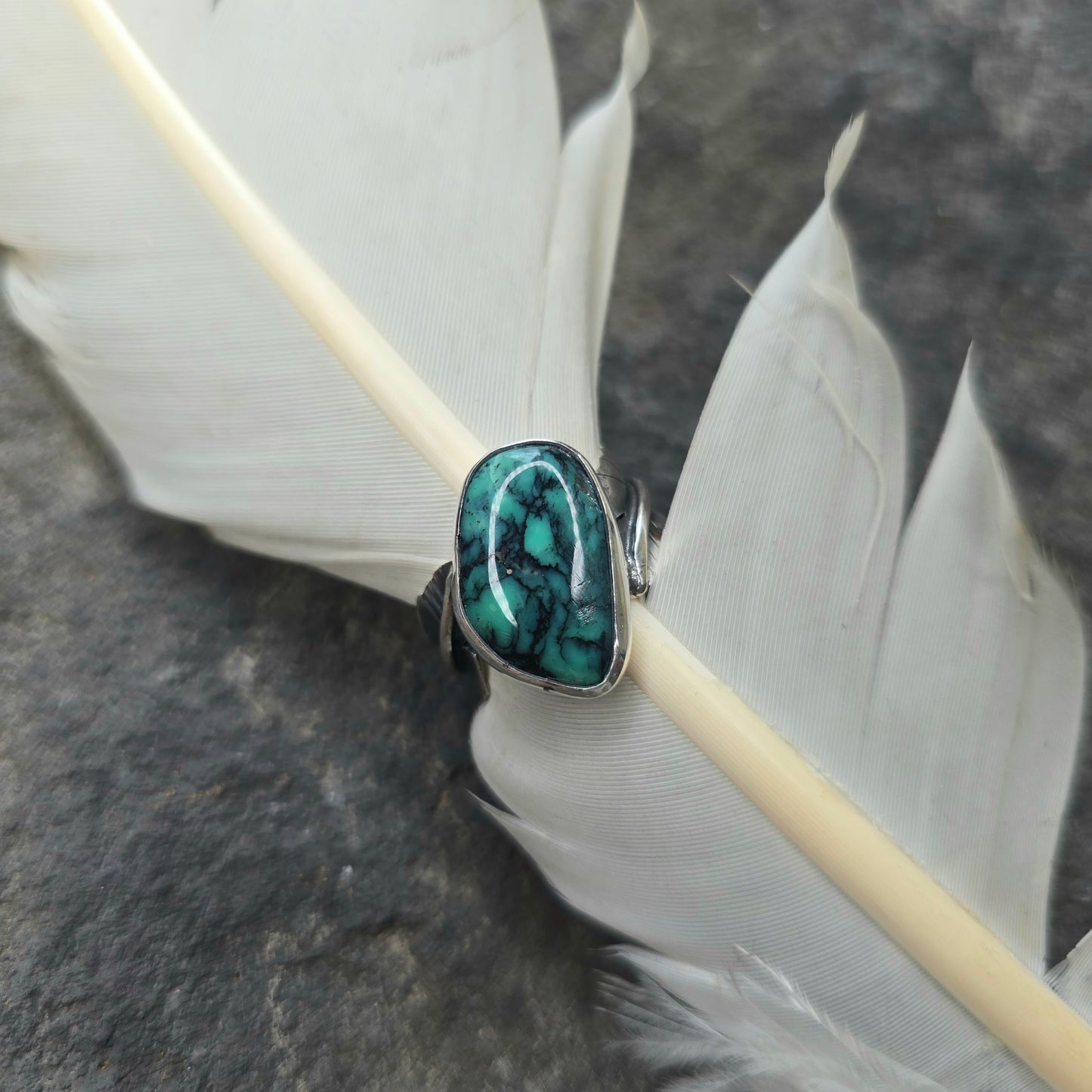 Hand-Forged Variscite Feather Sterling Silver Ring