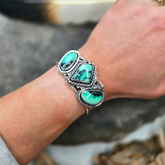Emerald Rose Variscite Statement Cuff — One-of-a-Kind Sterling Silver Masterwork