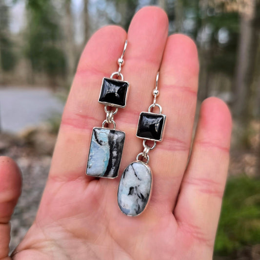 White Buffalo & Black Onyx Sterling Silver Drop Earrings
