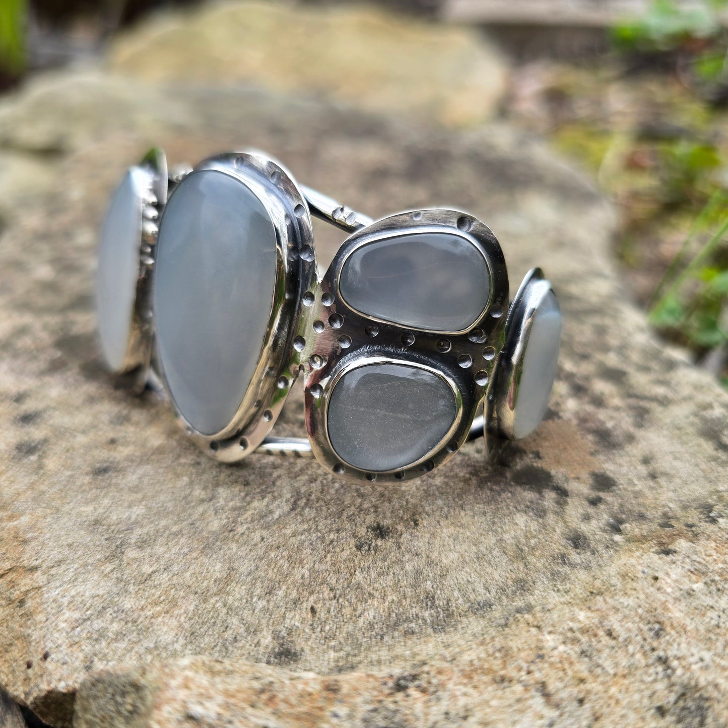 White Moonstone Statement Cuff in Sterling Silver